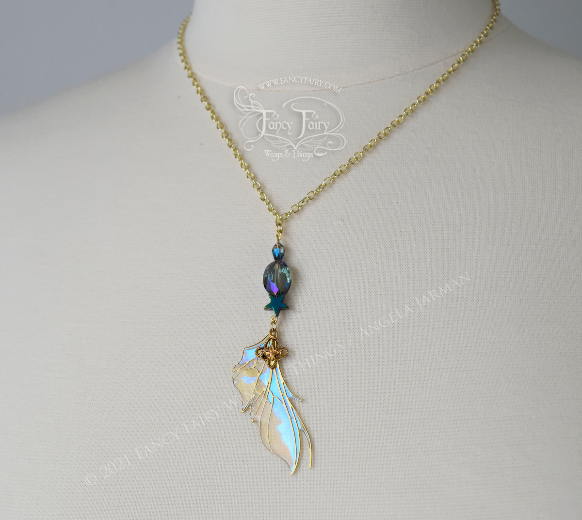 Nightshade "Celestial" Fairy Wing Necklace in Brass with Opal Iridescent Film