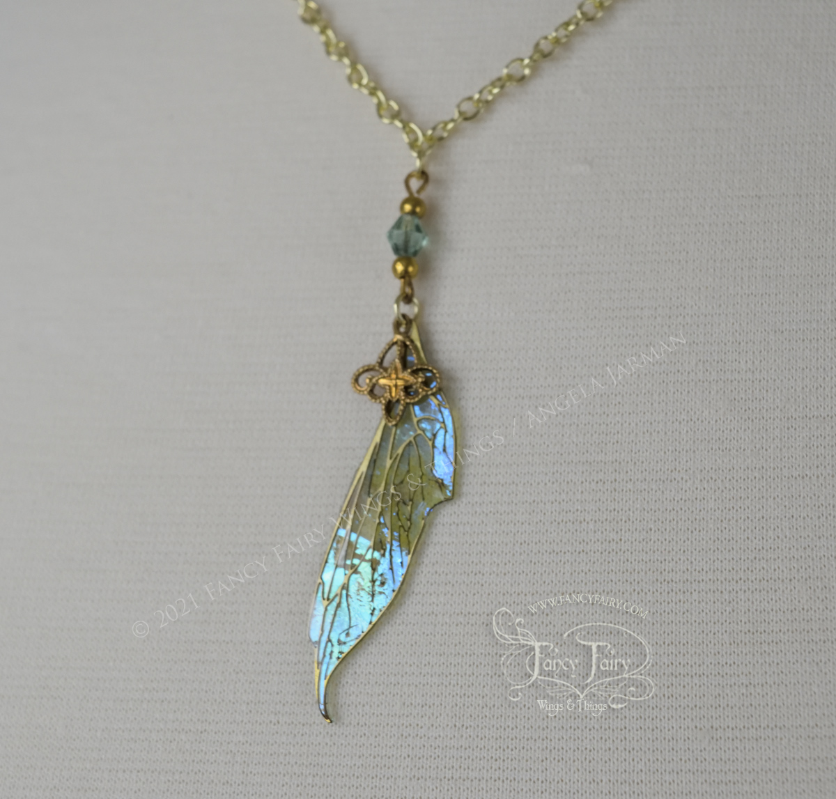 Colette Small Fairy Wing Necklace in Brass with Absinthe Iridescent Film