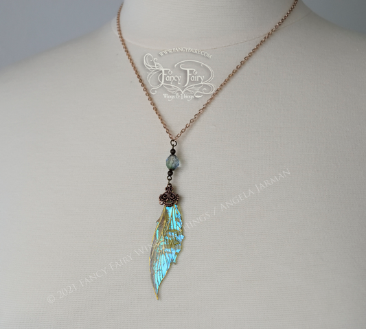 Colette Large Fairy Wing Necklace in Brass with Absinthe Iridescent Film