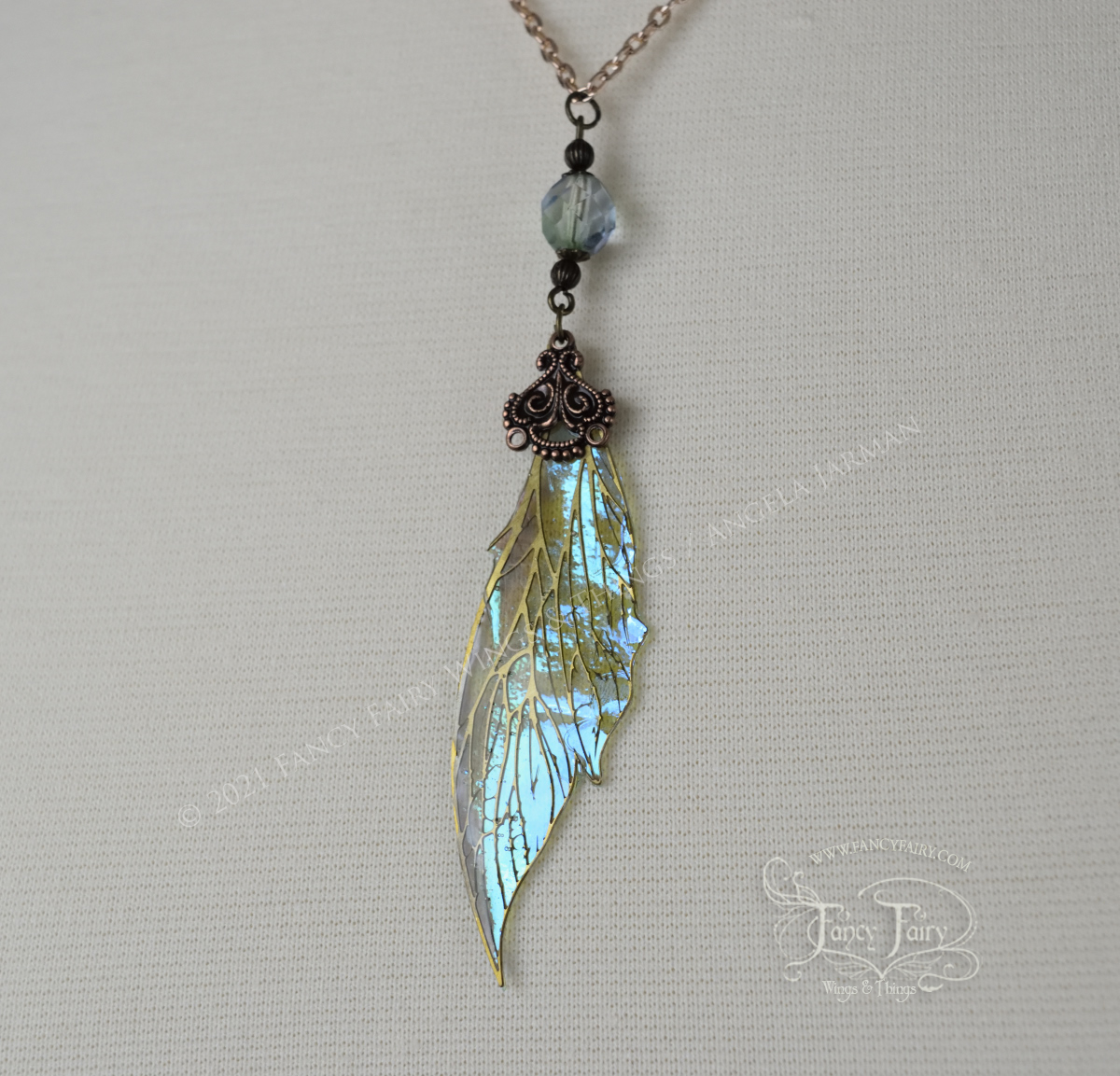 Colette Large Fairy Wing Necklace in Brass with Absinthe Iridescent Film