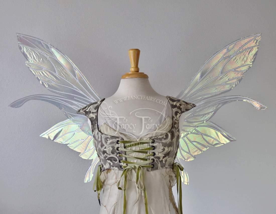 Salome Iridescent Fairy Wings in Patina Green with Pearl Veins