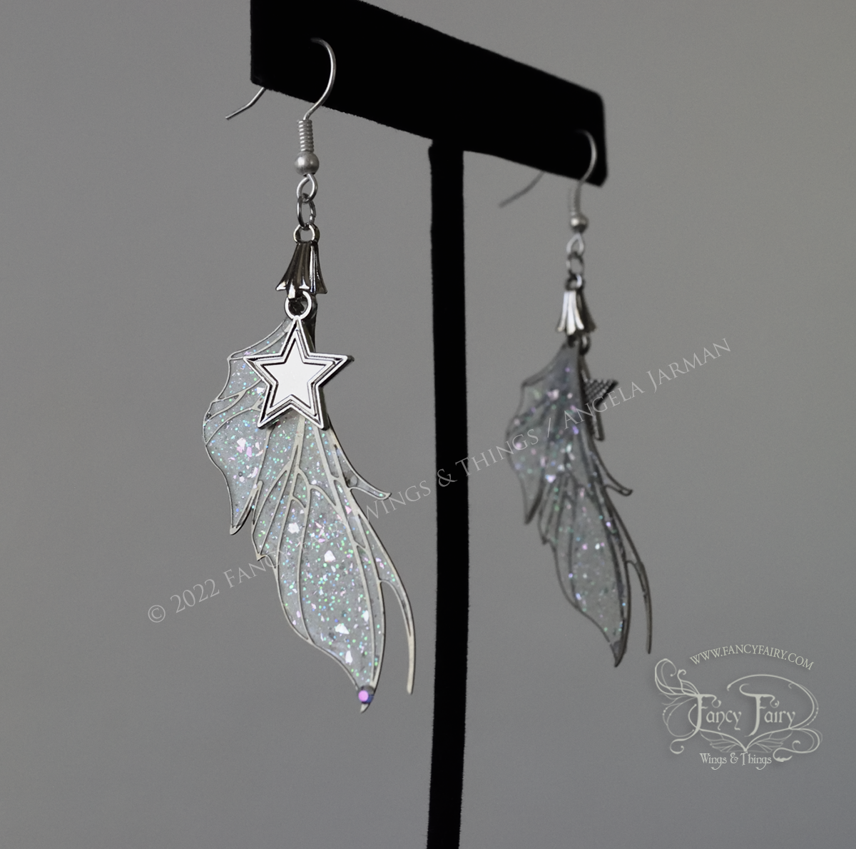 Nightshade Fairy Wing Necklace and Earrings Set, Silver with Glittery Resin