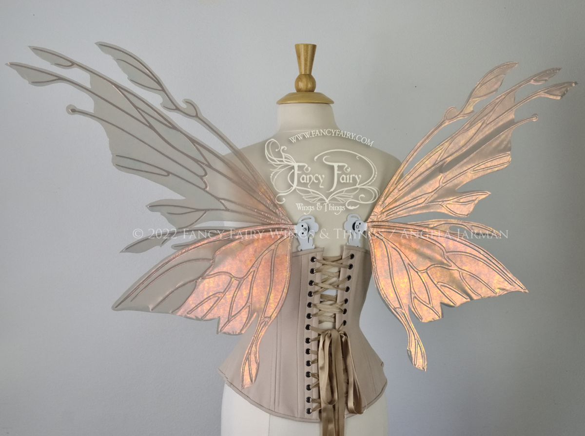 Goblin Princess Convertible Iridescent Fairy Wings in Rose Gold with White Veins