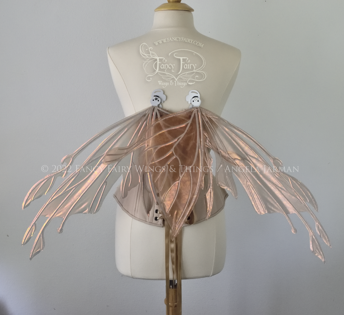 Back view of an ivory dress form wearing an alabaster underbust corset & large rose gold iridescent fairy wings in resting position with elongated upper panels with petal like appendages at the tips & antennae, the veins are white