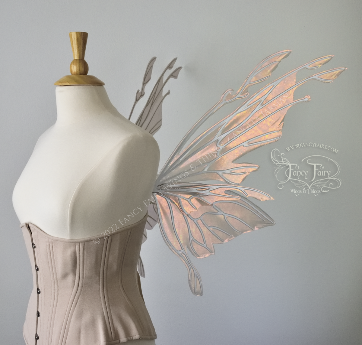 Goblin Princess Convertible Iridescent Fairy Wings in Rose Gold with White Veins