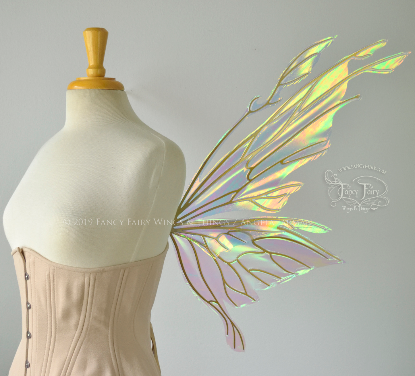 Goblin Princess Convertible Iridescent Fairy Wings in Satin White with Candy Gold Veins