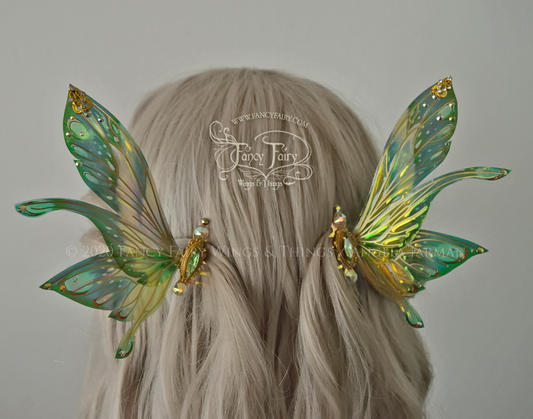 Salome 3 and 3/4 inch Emerald Fairy Wing Hair Combs with Brass Veins