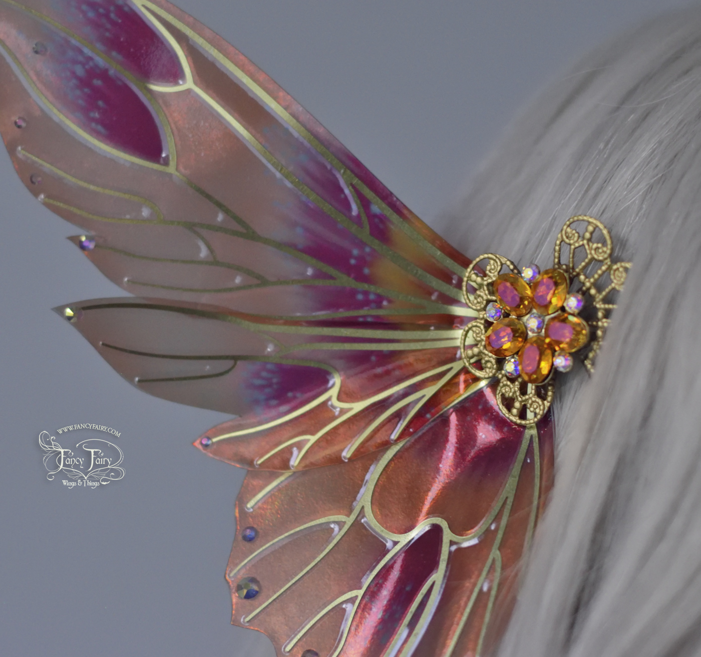 Guinevere 5 inch Fairy Wings Hair Pins in Queen Alexandria Poppy with Brass Veins