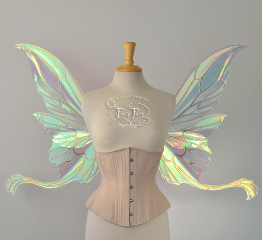 Guinevere Iridescent Fairy Wings in White Satin with Candy Coat Gold veins