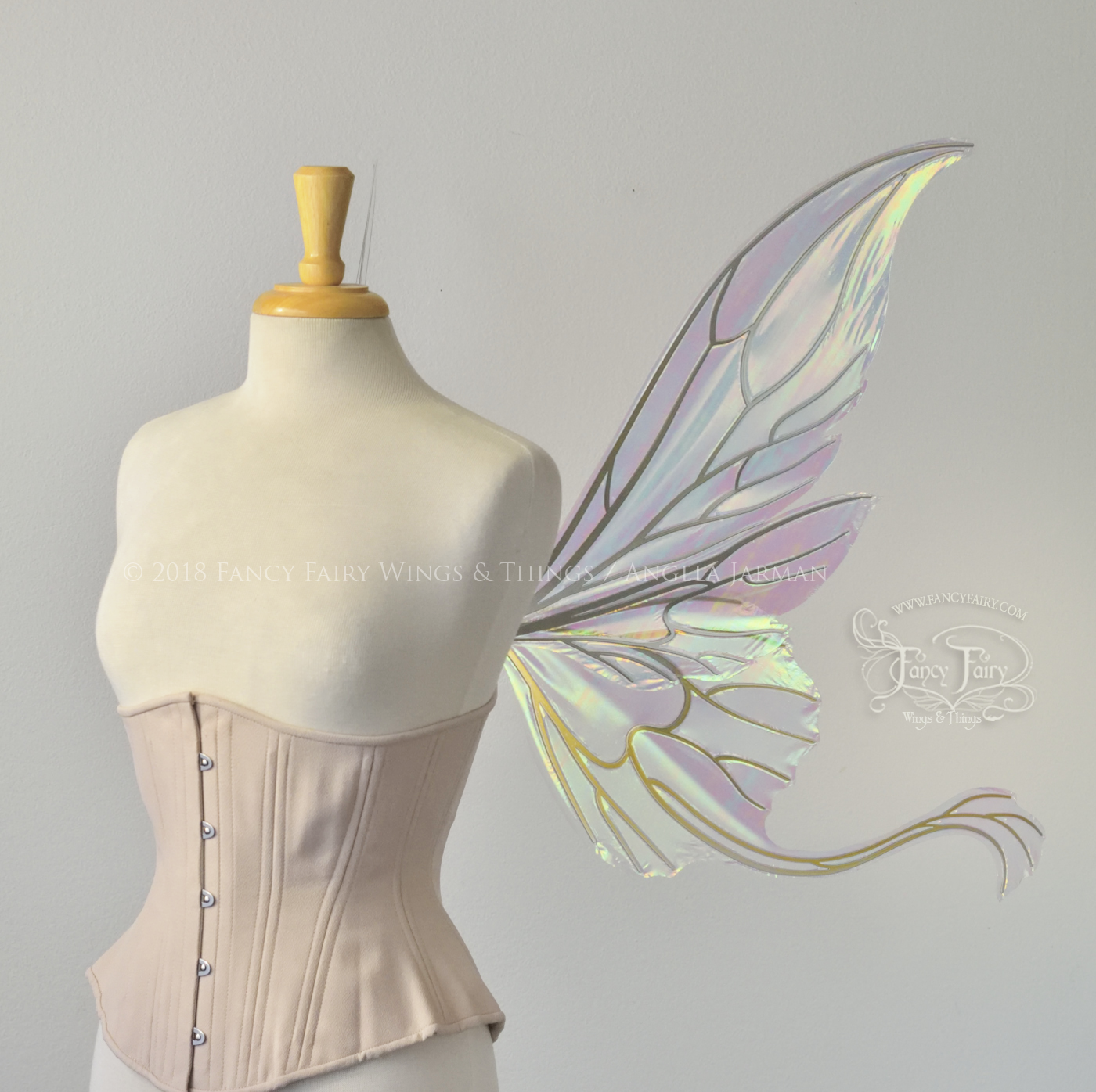 Guinevere Iridescent Fairy Wings in White Satin with Candy Coat Gold veins