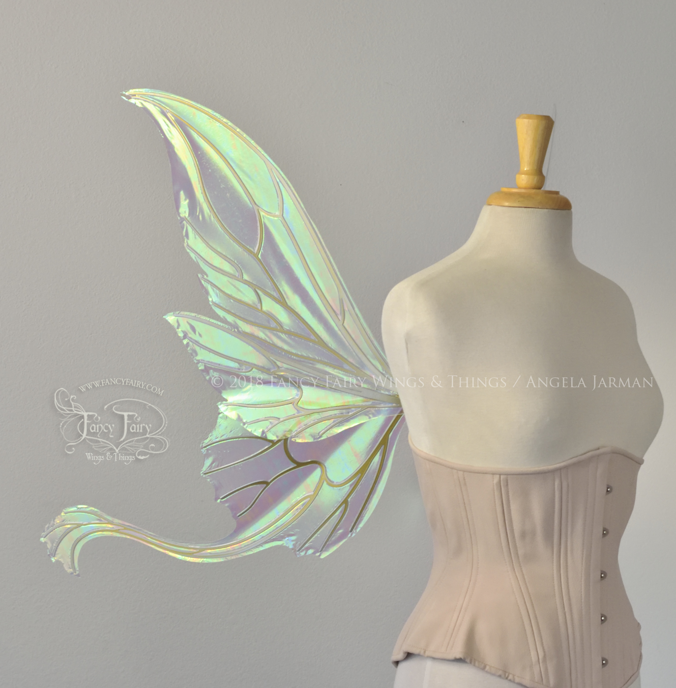 Guinevere Iridescent Fairy Wings in White Satin with Candy Coat Gold veins