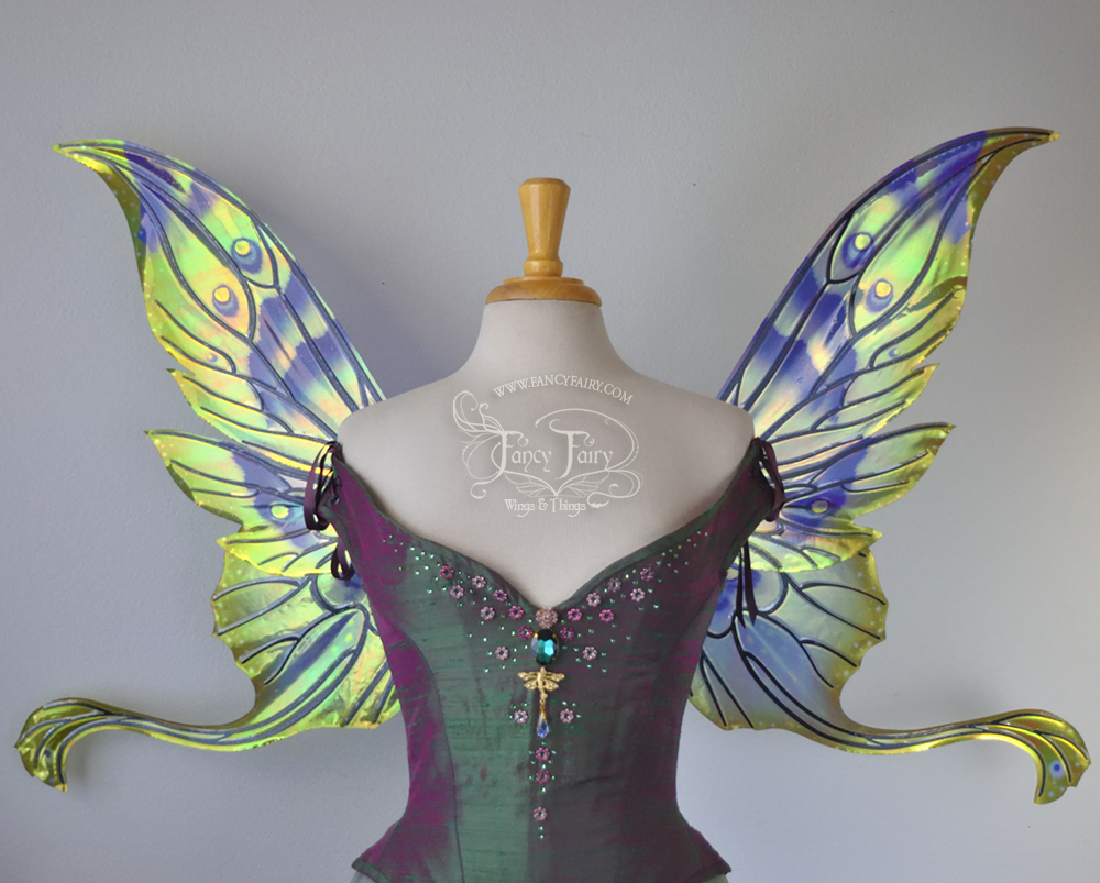 Guinevere Iridescent Fairy Wings in Painted Peacock Colors and Black Veins