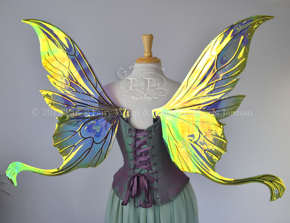 Guinevere Iridescent Fairy Wings in Painted Peacock Colors and Black Veins