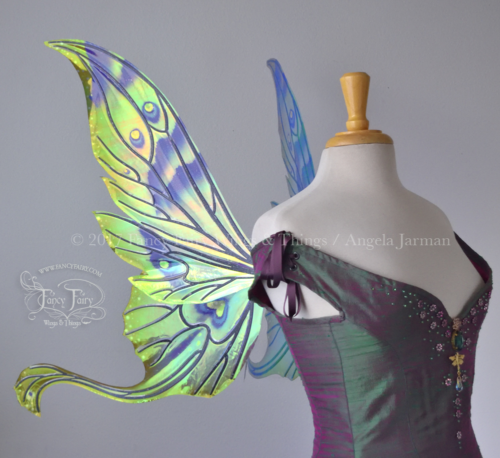 Guinevere Iridescent Fairy Wings in Painted Peacock Colors and Black Veins