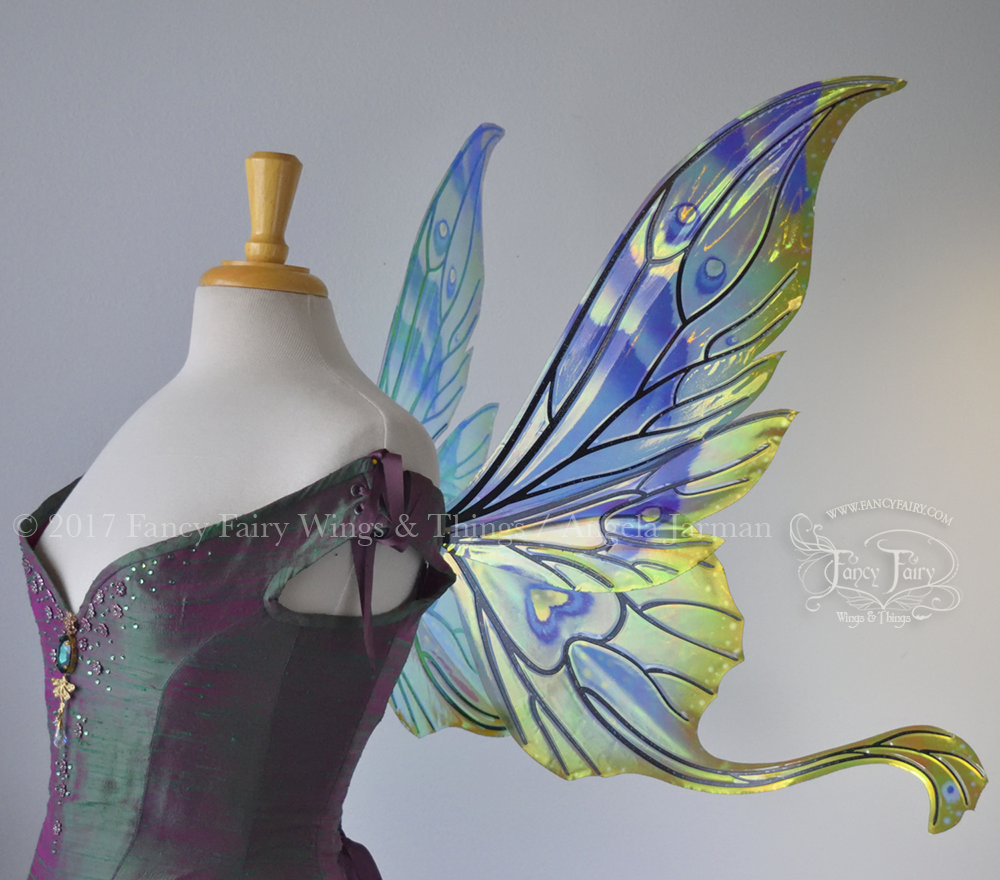 Guinevere Iridescent Fairy Wings in Painted Peacock Colors and Black Veins