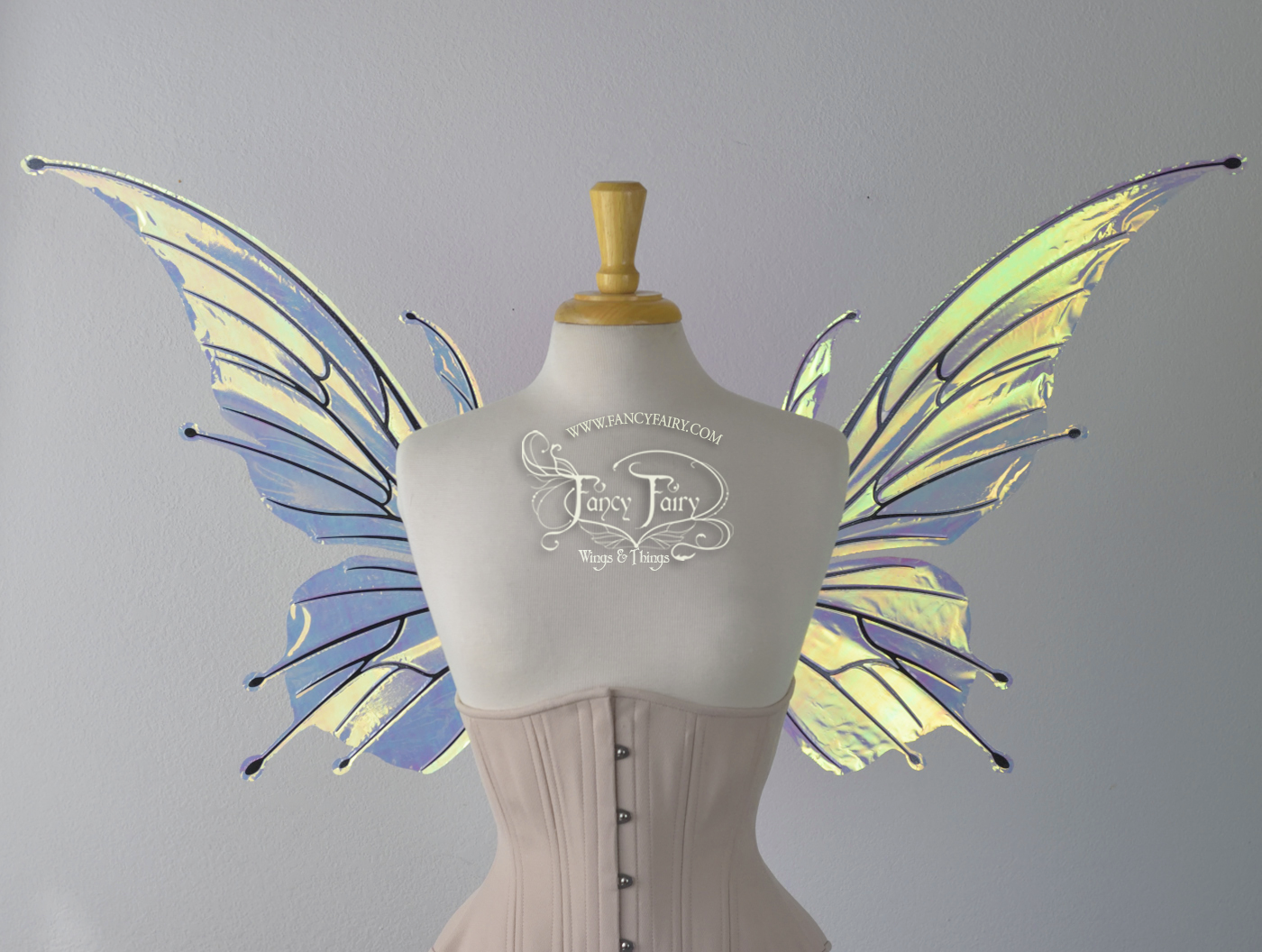 Flora Iridescent Fairy Wings in Clear Diamond Fire with Black veins