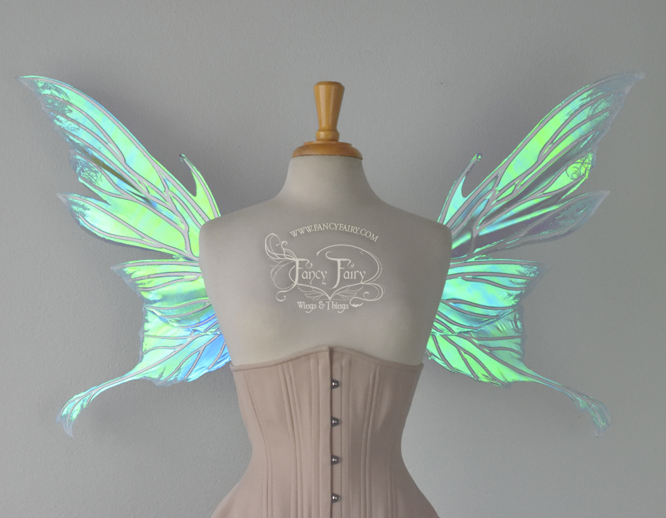 Morgana Iridescent Fairy Wings in Aquamarine with Pearl Veins and Glittered Flocking