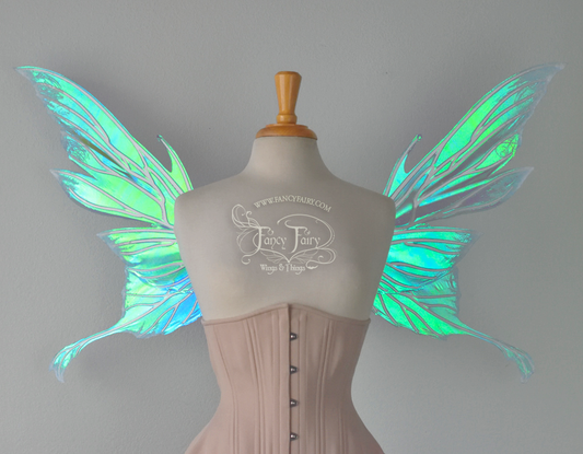 Morgana Iridescent Fairy Wings in Aquamarine with Pearl Veins and Glittered Flocking