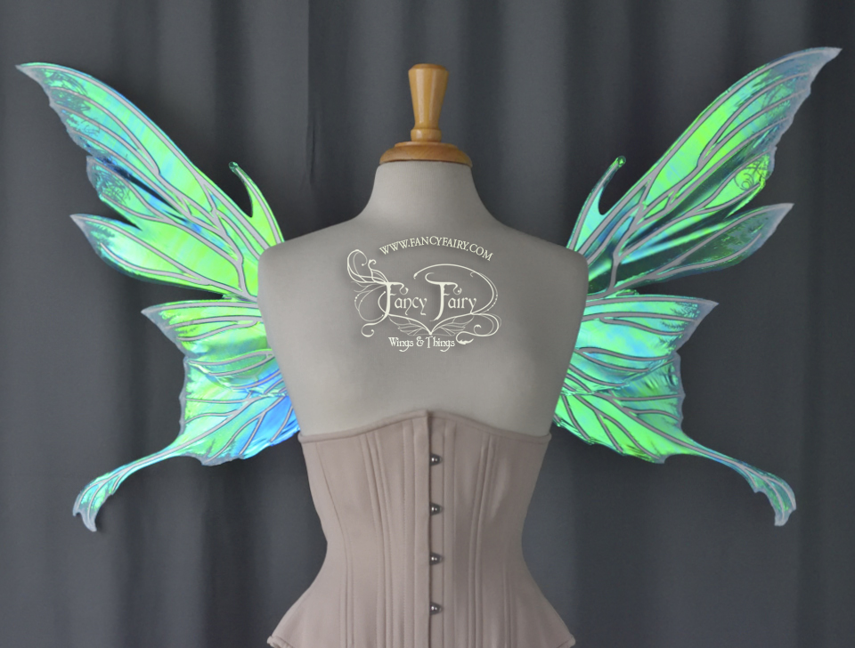 Morgana Iridescent Fairy Wings in Aquamarine with Pearl Veins and Glittered Flocking