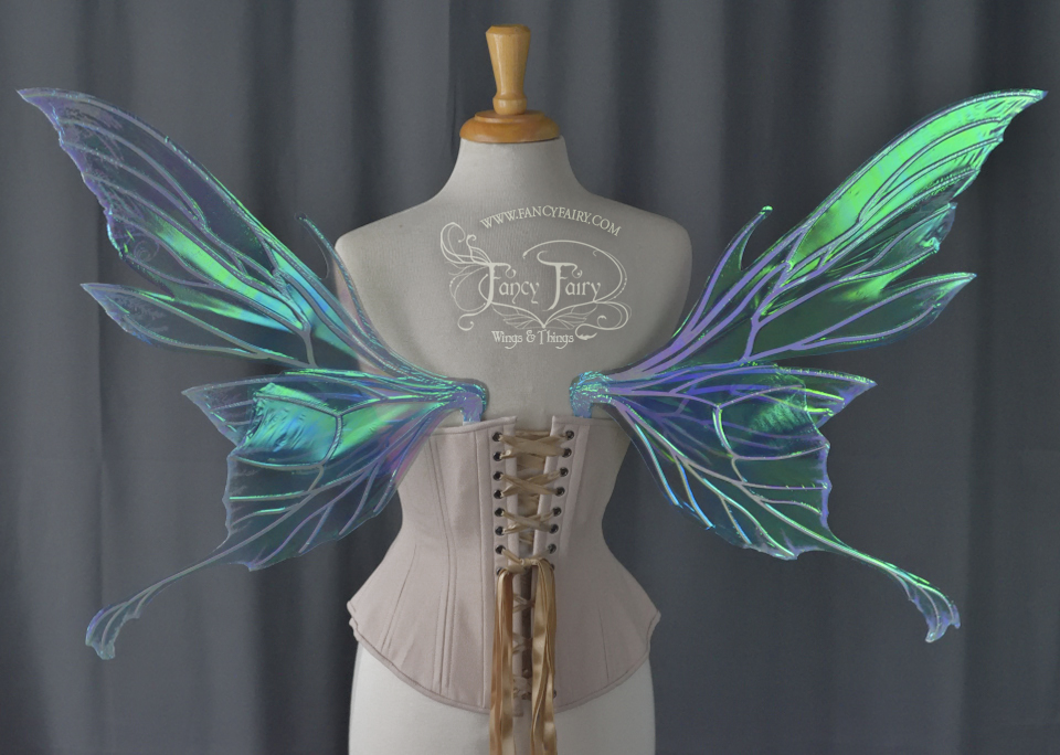 Morgana Iridescent Fairy Wings in Aquamarine with Pearl Veins and Glittered Flocking