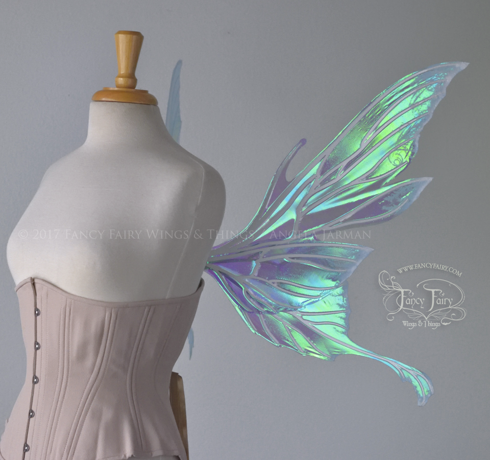 Morgana Iridescent Fairy Wings in Aquamarine with Pearl Veins and Glittered Flocking