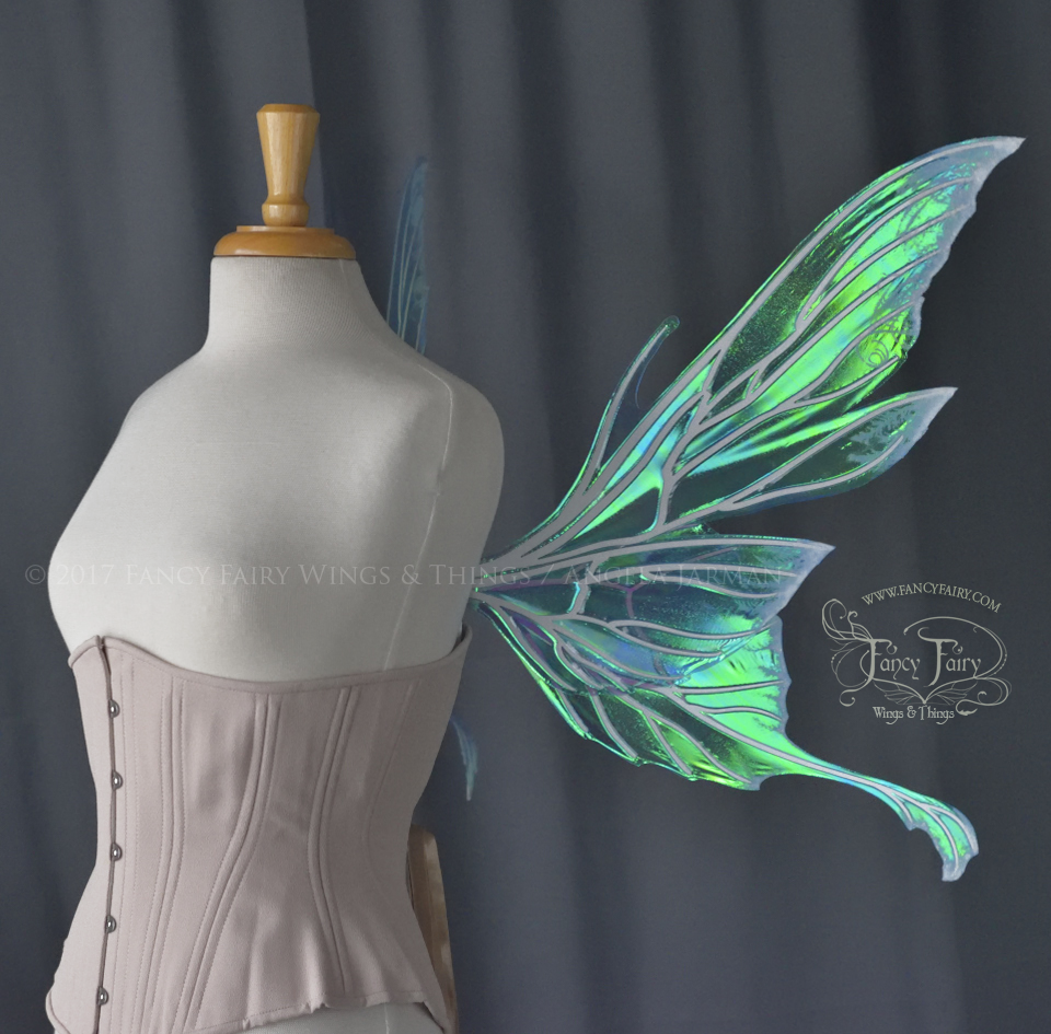 Morgana Iridescent Fairy Wings in Aquamarine with Pearl Veins and Glittered Flocking