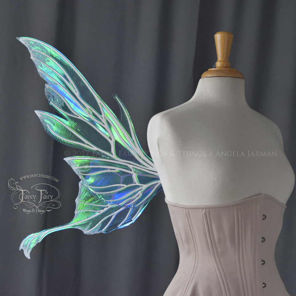 Morgana Iridescent Fairy Wings in Aquamarine with Pearl Veins and Glittered Flocking