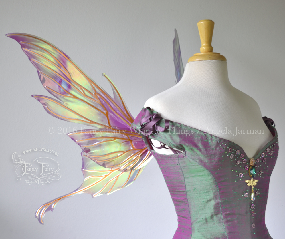 Morgana Painted Iridescent Fairy Wings in Greens and Burgundies with Copper Veins