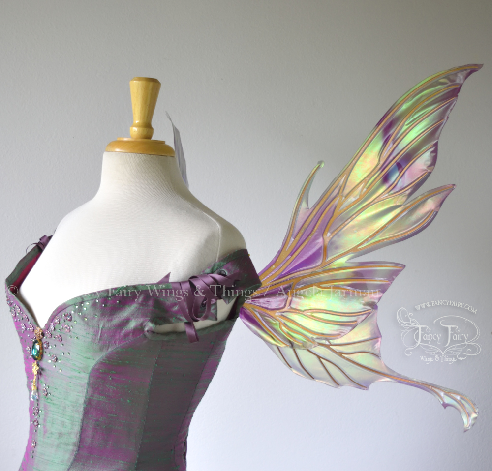 Morgana Painted Iridescent Fairy Wings in Greens and Burgundies with Copper Veins