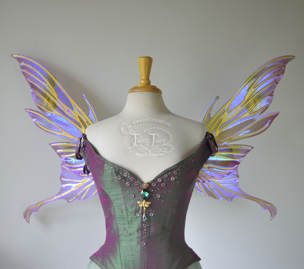 Morgana Painted Iridescent Fairy Wings in Lavender and Green with Gold Veins