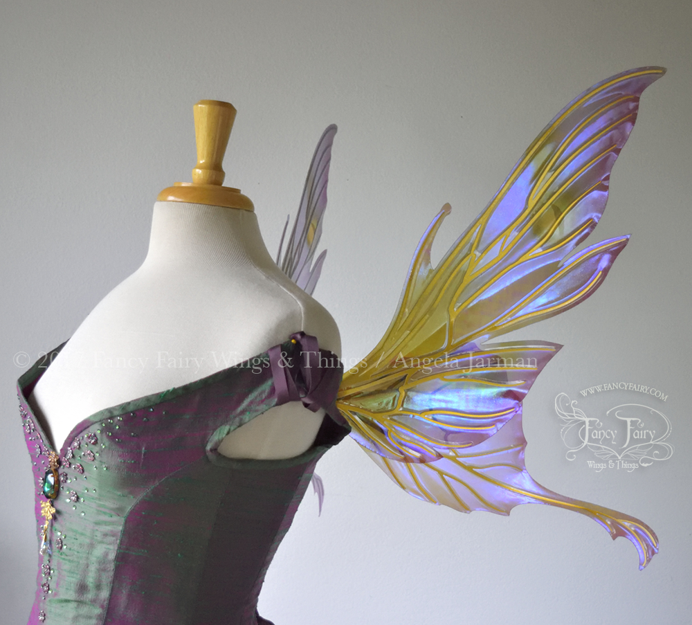 Morgana Painted Iridescent Fairy Wings in Lavender and Green with Gold Veins
