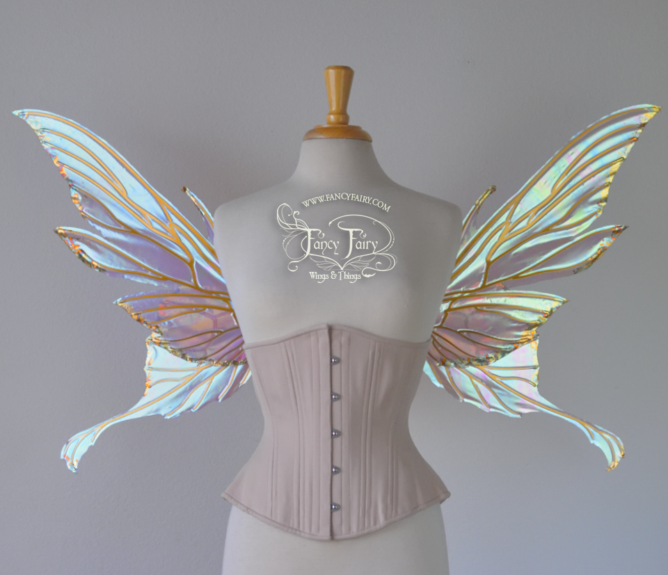 Morgana Iridescent Fairy Wings in Pastel Lilac with Gold Veins and Gold Leafing