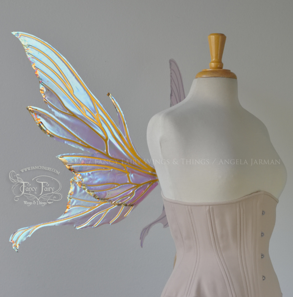 Morgana Iridescent Fairy Wings in Pastel Lilac with Gold Veins and Gold Leafing