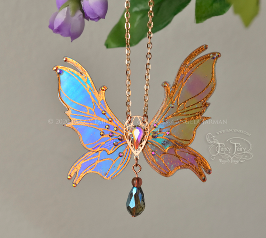'Nightshade' 3 and 1/2 inch Fairy Wing Necklace in Dark Crystal with Copper Accents