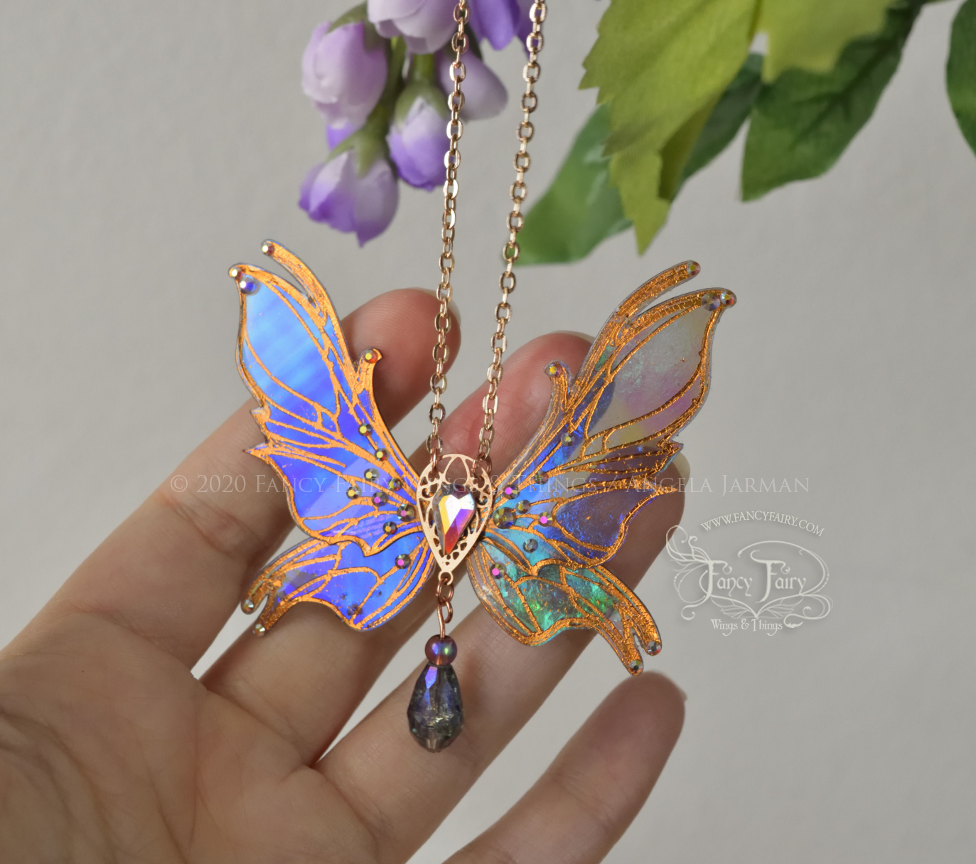 'Nightshade' 3 and 1/2 inch Fairy Wing Necklace in Dark Crystal with Copper Accents