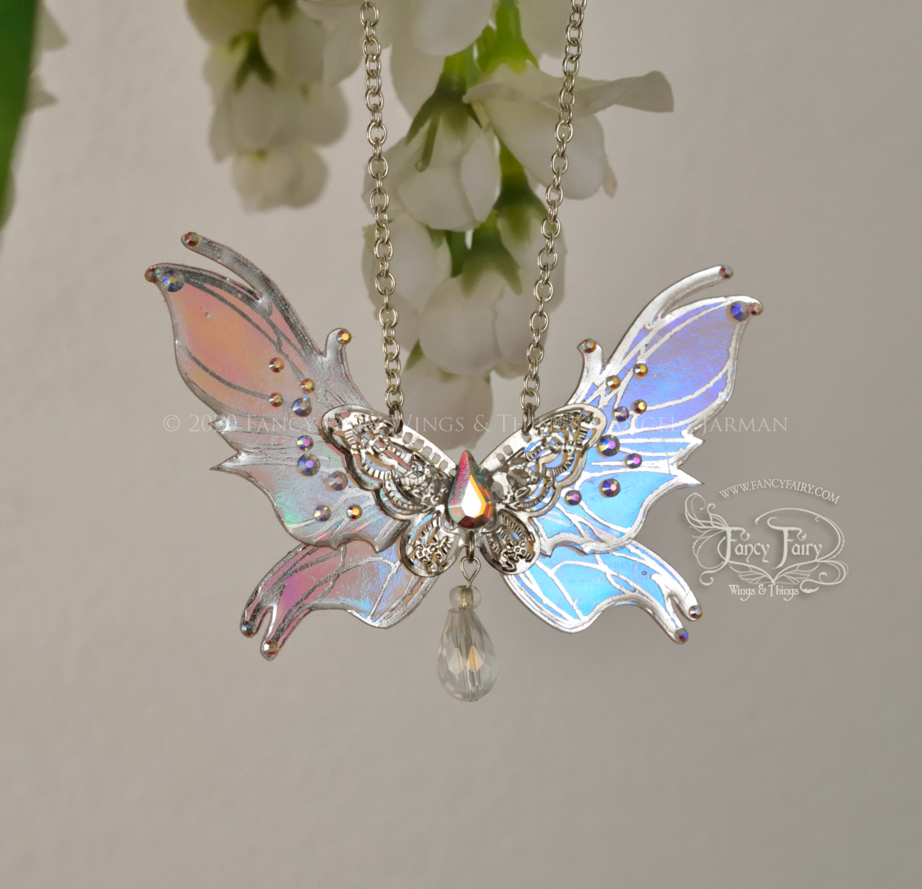 'Nightshade' 3 and 1/2 inch Fairy Wing Necklace in Light Crystal with Silver Accents