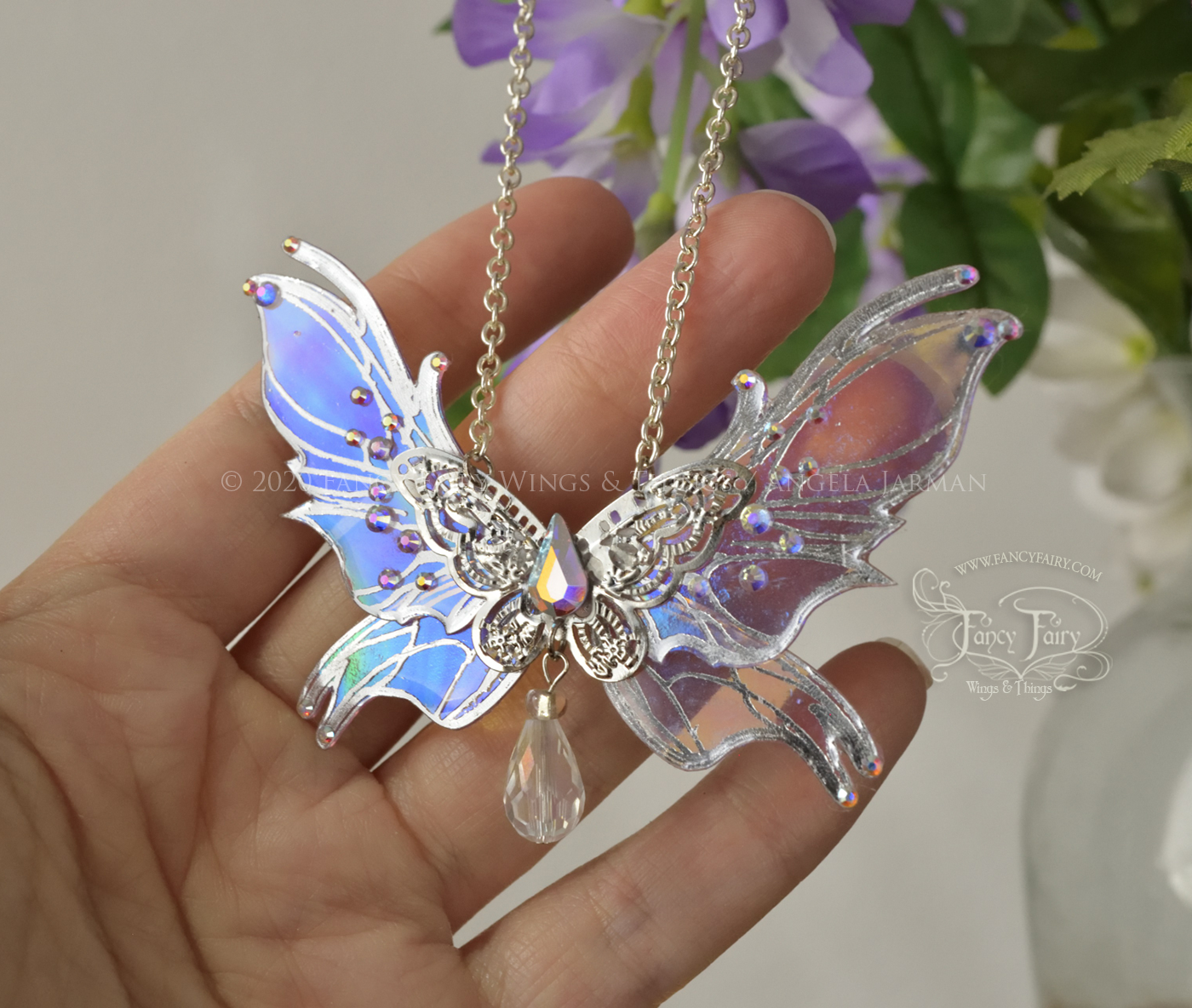 'Nightshade' 3 and 1/2 inch Fairy Wing Necklace in Light Crystal with Silver Accents