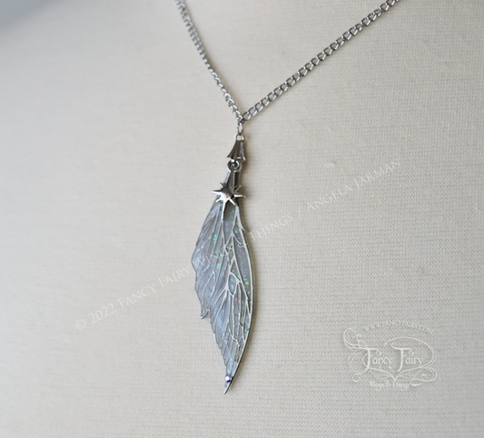 Colette Fairy Wing Necklace in Silver and Faux Opal - Left Facing, Irregular, 18 Inch Chain