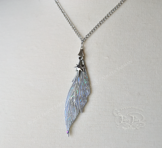 Colette Fairy Wing Necklace in Silver and Faux Opal - Right Facing, Irregular, 18 Inch Chain