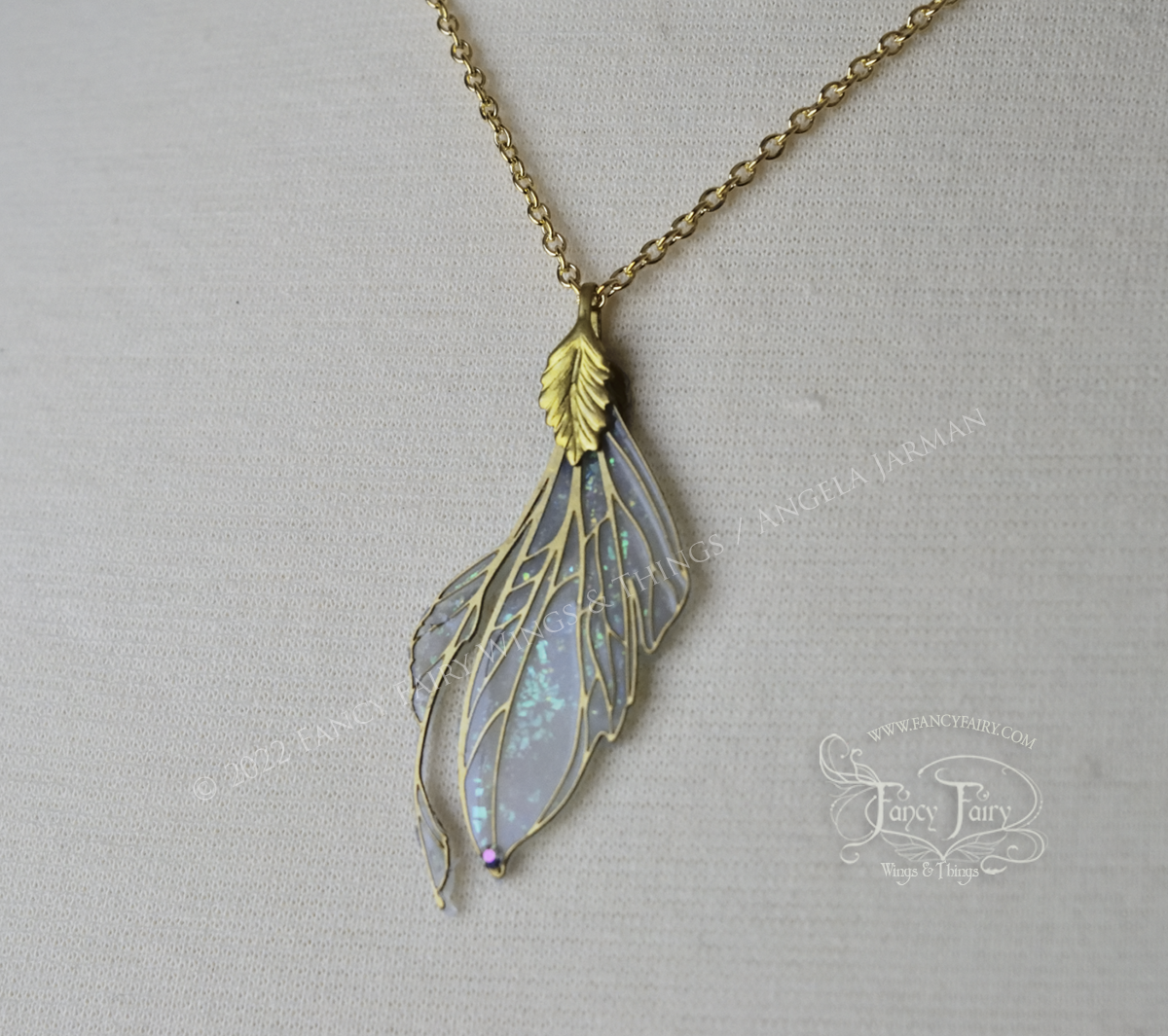 Datura Fairy Wing Necklace in Brass and Faux Opal - Right Facing