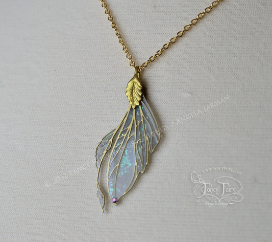 Datura Fairy Wing Necklace in Brass and Faux Opal - Right Facing