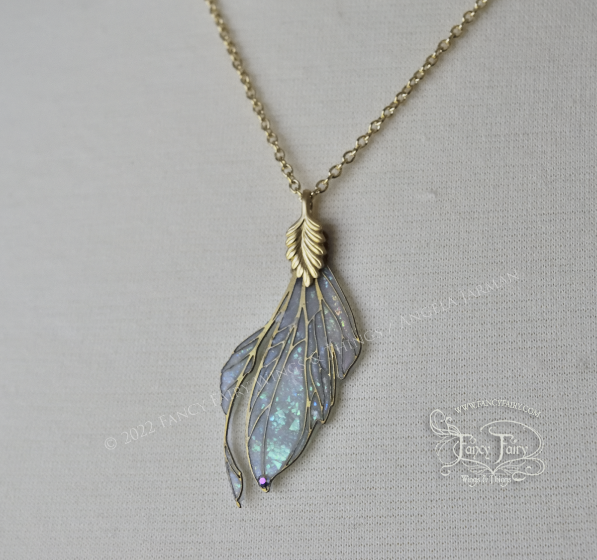 Datura Fairy Wing Necklace in Brass and Faux Opal - Right Facing - Irregular