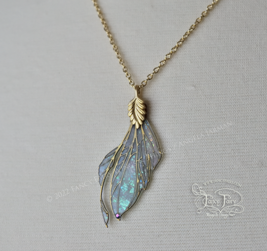Datura Fairy Wing Necklace in Brass and Faux Opal - Right Facing - Irregular
