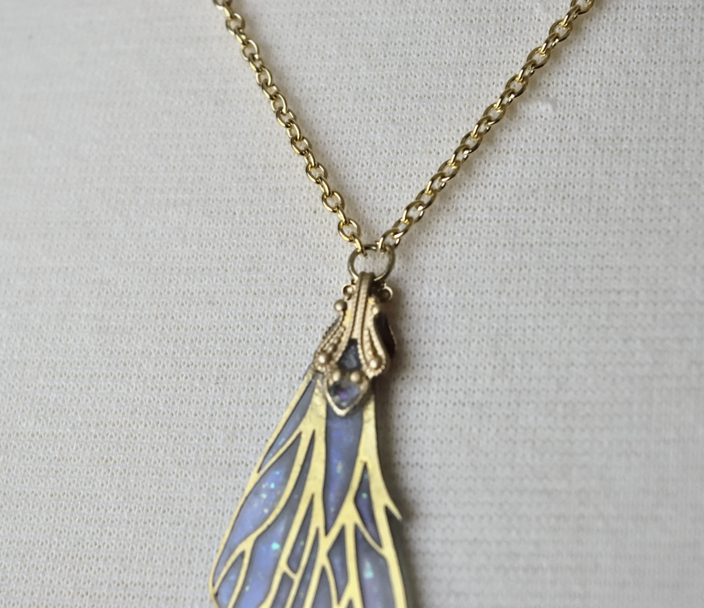 Colette Fairy Wing Necklace in Brass and Faux Opal - Irregular, Left Facing, 18 Inch Chain