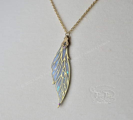 Colette Fairy Wing Necklace in Brass and Faux Opal - Irregular, Left Facing, 18 Inch Chain