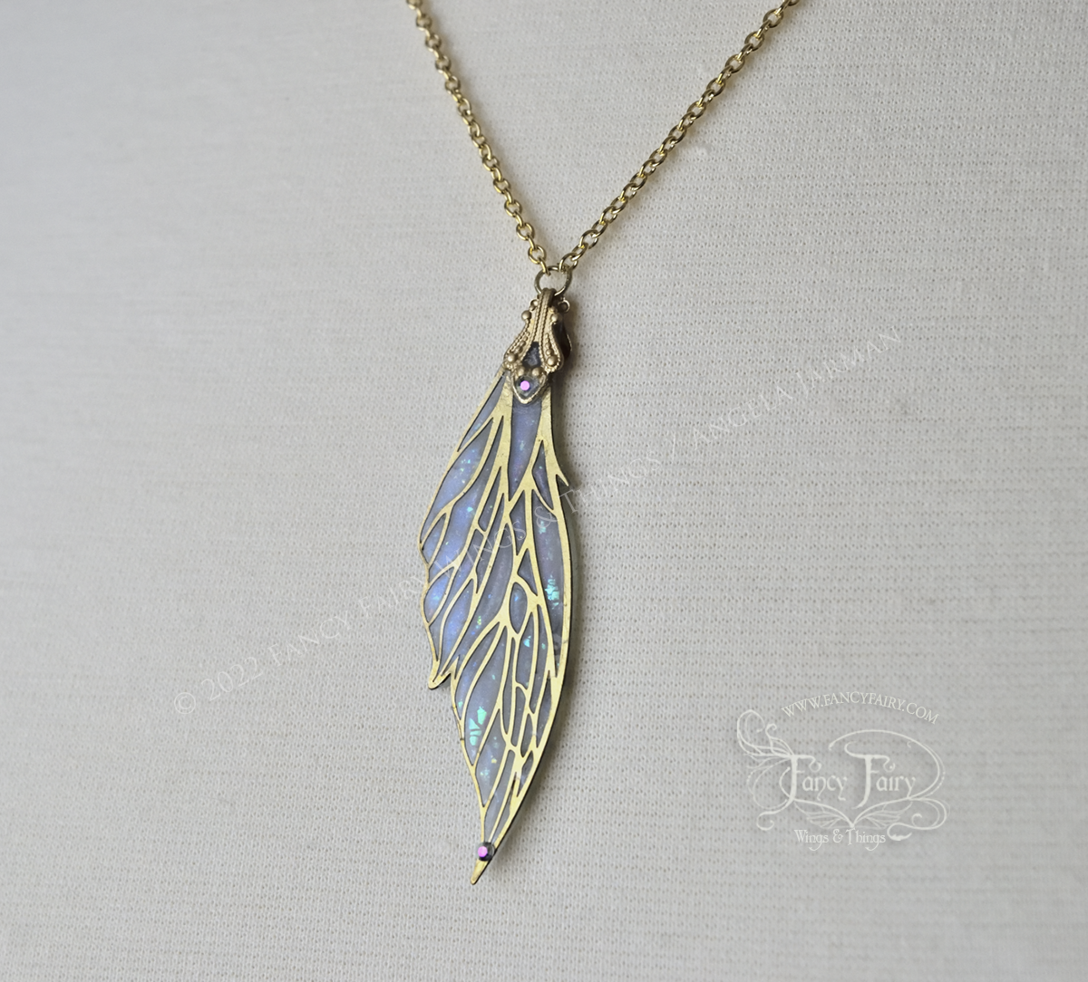 Colette Fairy Wing Necklace in Brass and Faux Opal - Irregular, Left Facing, 18 Inch Chain