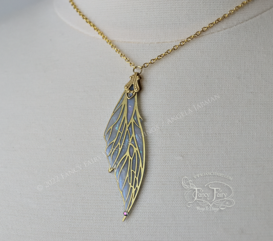 Colette Fairy Wing Necklace in Brass and Faux Opal - Left Facing, 16 Inch Chain