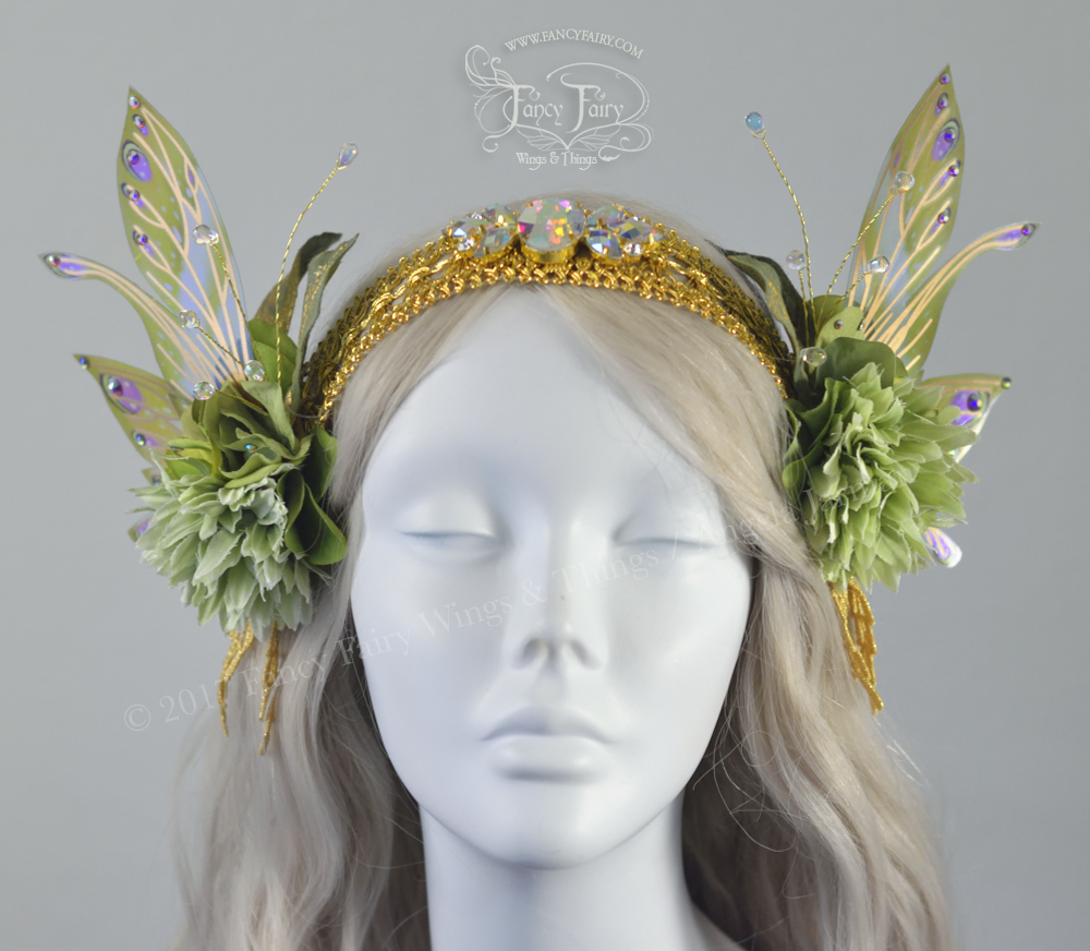 Pale Green & Gold Lace Fairy Flower Headdress with Salome wings