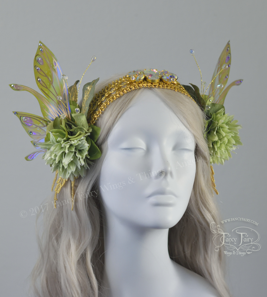 Pale Green & Gold Lace Fairy Flower Headdress with Salome wings