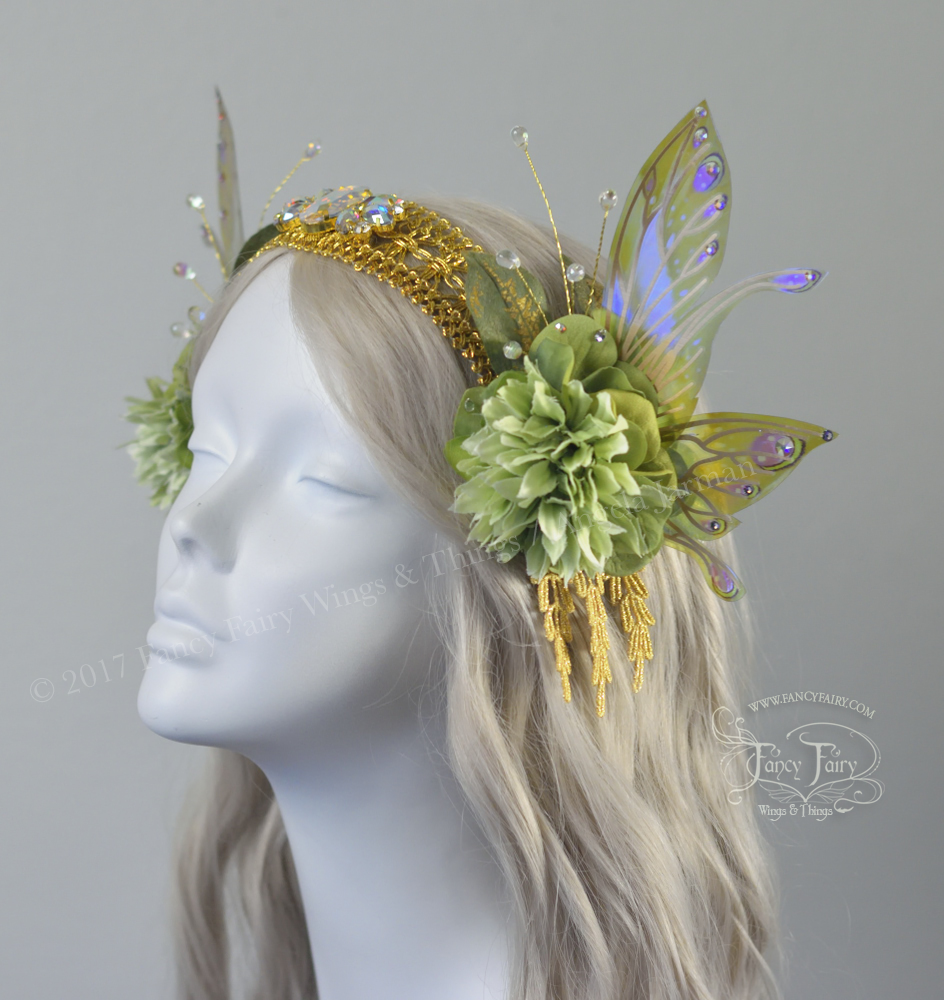 Pale Green & Gold Lace Fairy Flower Headdress with Salome wings